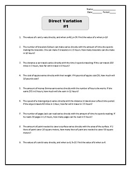 Preview of Direct Variation Worksheet Bundle (1-5)