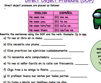 Direct and Indirect Object Pronoun: Fun worksheet! by Spanish Chamber