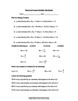 Direct and Inverse Variation Worksheet by Family 2 Family Learning