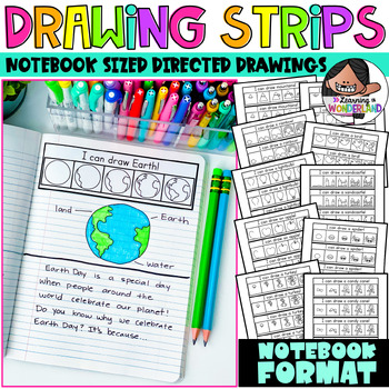 Preview of Directed Drawing Notebook Strips | 11 Themes | English & Spanish