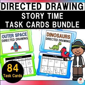 Preview of Directed Drawing Task Cards | Story Time | Dinosaurs | Pirates | Space