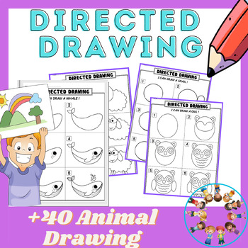 Preview of Directed Drawing Kindergarten worksheet / (42 pages) All about Animals kids love