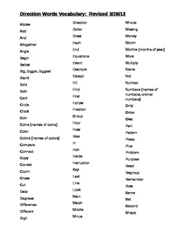 Preview of Direction Words Vocabulary List