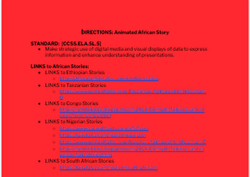 Preview of Directions: Animating an African Story [CCSS.ELA.SL.5-6] (EDITABLE)