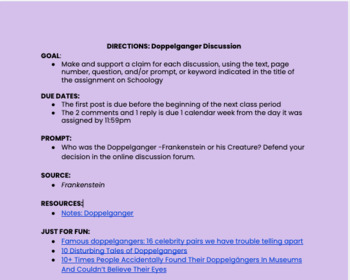 Preview of Directions: Online Discussion Post Doppelganger in Frankenstein  (EDITABLE)
