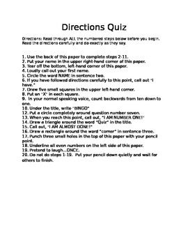 Preview of Directions Quiz Printable Worksheet