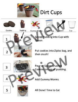 Preview of Dirt Cups / Pudding & Gummy Worms ADL Cooking Snack Visual Recipe Instructions