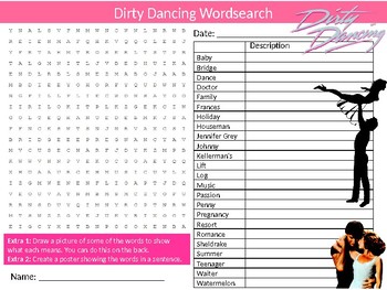 Preview of Dirty Dancing Dance Wordsearch Puzzle Sheet Activity Keywords Movie Sports