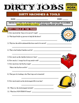 Preview of FREE - Dirty Jobs : Dirtiest Machines and Tools (science career video worksheet)