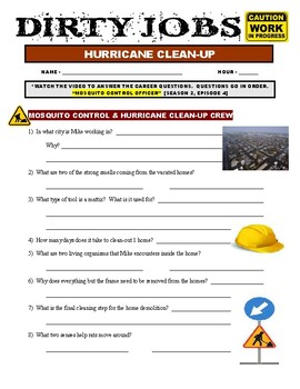 Preview of Dirty Jobs : Mosquito, Rats, and Hurricane Clean Up (science video worksheet)