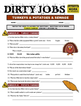 Preview of Dirty Jobs : Turkey Farmer (career video worksheet) - Thanksgiving / No Prep