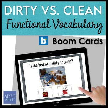 Preview of Dirty vs Clean Boom ™ Task Cards - Life Skills Functional Vocabulary