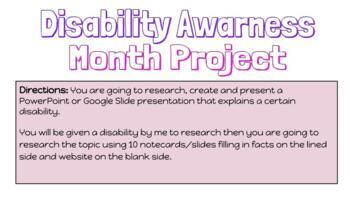 Preview of Disability Awareness Project: Student Friendly Verision