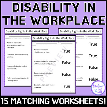 Preview of Disability Awareness in the Workplace Matching Worksheets Packet for Special Ed