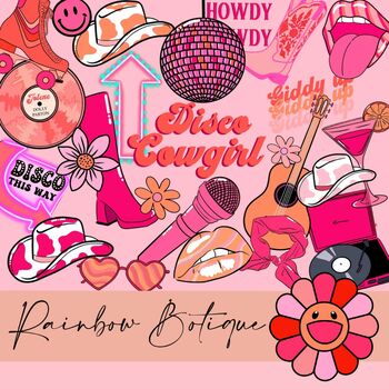 Preview of Disco Cowgirl Clipart Set, groovy cowgirl clipart, boho hippie disco clipart