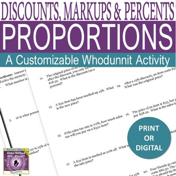 Preview of Discount, Markup, & Percent w/ Proportions Mystery Activity + Digital