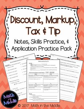 Preview of Discount, Markup, Tax, & Tip - Notes, Practice, and Application Pack