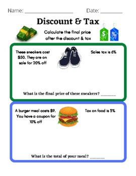 Discount & Tax Worksheet by Ligh Learning Center | TPT