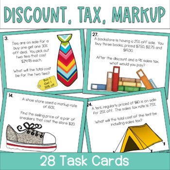 Preview of Calculating Discounts Sales Tax and Markup Task Cards