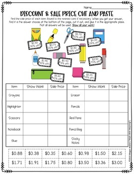 Discount and Sale Price Cut and Paste Worksheet by Math With Meaning