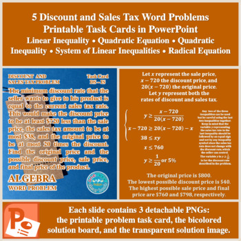 Preview of Discount and Sales Tax Word Problem Task Cards in PowerPoint