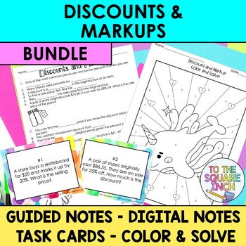 Preview of Discounts and Markups Notes & Activities | Digital Notes | Task Cards | Coloring