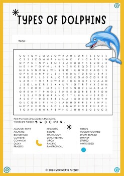 Preview of Discover Types of Dolphins Word Search Puzzle Activity Worksheet