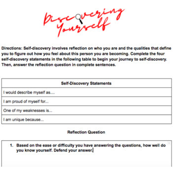 Preview of Discovering Yourself Worksheet (Self-esteem)