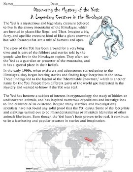 Preview of Discovering the Mystery of the Yeti - Reading Comprehension & Activities