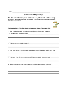 Discovery Education Science Techbook Grade 4 Earthquake Review Worksheets