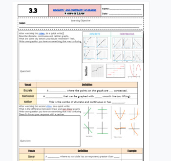 Preview of Discrete & continuous graphs (Linearity & Continuity) scaffolded notes w/ videos