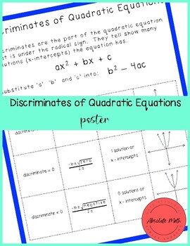 Preview of Discriminates of Quadratic Equations Poster