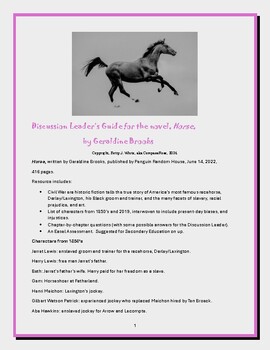 Preview of Discussion Leader's Guide for the Novel, "HORSE", by author Geraldine Brooks