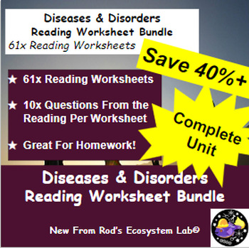 Preview of Diseases & Disorders Unit Reading Worksheet Bundle **Editable**