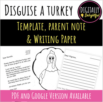Preview of Disguise A Turkey Parent Note, Template, and Writing Paper (EDITABLE)