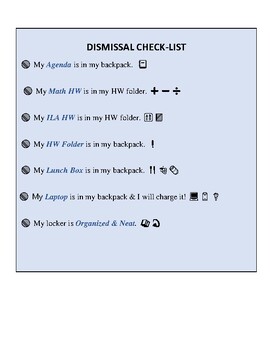 Preview of Dismissal Checklist Blue Executive Functioning