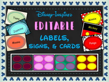 Preview of Disney-Inspired EDITABLE Labels Cards Signs