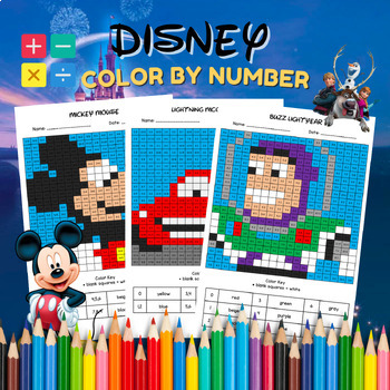 Preview of 19 Disney Math Addition | Disney Coloring Pages | Color by Number