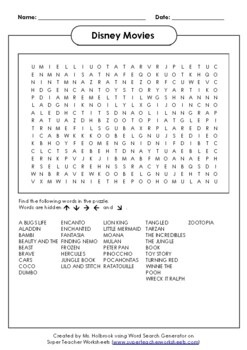 Preview of Disney Movies Word Search