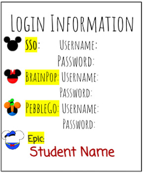 Preview of Disney Student Login Cards