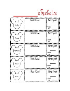 Preview of Disney Themed Reading Log, Mickey Mouse Reading Log, Daily Reading Log