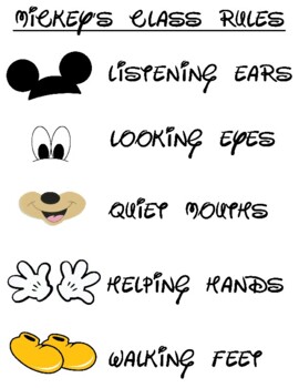 Preview of Disney theme Class Rules Mickey Mouse Ears Eyes Mouth Hands Feet Printable