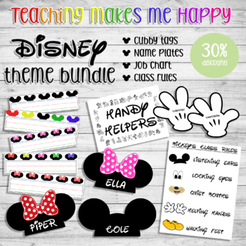 Preview of Disney theme classroom bundle pack name plates cubby tags rules job chart