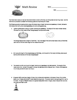 disneys cars math review worksheet by math with mrs k tpt
