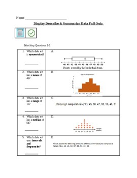 Preview of Display Describe & Summarize  Data Full 15 Question Multiple Choice Quiz
