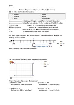 Preview of Distance, Displacement, Speed, and Velocity - Worksheet | Easel & Printable PDF
