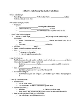 Preview of 6 Effective Note-Taking Tips Guided Note Sheet