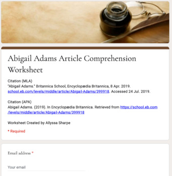 Preview of Distance Learning: Abigail Adams Article (Reading Level 1) Comp. Wks.