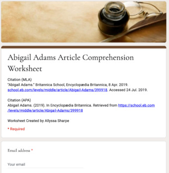 Preview of Distance Learning: Abigail Adams Article (Reading Level 3) Comp. Wks.