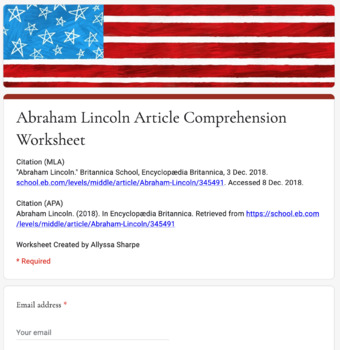 Preview of Distance Learning: Abraham Lincoln Article (Reading Level 1) Comp. Wks.